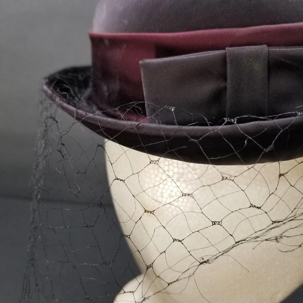 Vintage Karen‎ Lynn Exclusive Satin Pillbox Hat Purple Black Birdcage Veil Bow